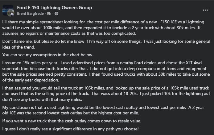 Screenshot of a Facebook post in a Ford F-150 Lightning owners group. The user explains a spreadsheet comparing cost per mile of a Ford F-150 Lightning versus an F-150 gas truck, using assumptions about mileage, pricing, depreciation, and resale value, concluding that overall cost differences are small.