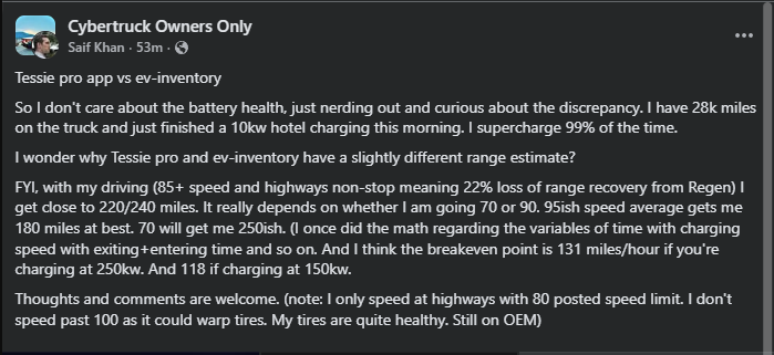 Facebook post in the Cybertruck Owners Only group where a driver compares Tessie Pro app range estimates to EV-Inventory for a Tesla Cybertruck. The user describes 28,000 miles of experience, frequent supercharging, and explains how high-speed highway driving affects range, charging efficiency, regen loss, and breakeven charging speeds at 250 kW and 150 kW.
