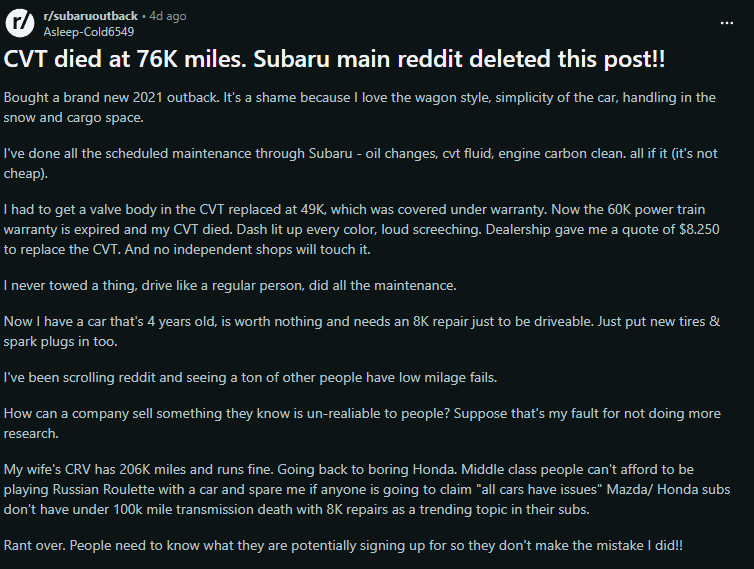 Screenshot of a Reddit post on r/subaruoutback titled ‘CVT died at 76K miles. Subaru main Reddit deleted this post!!’ where a 2021 Subaru Outback owner describes complete CVT transmission failure at 76,000 miles, previous valve body replacement at 49K, expensive repair estimate of $8,250, lack of warranty coverage, and frustration with unreliable Subaru CVT problems and low-mileage failures.