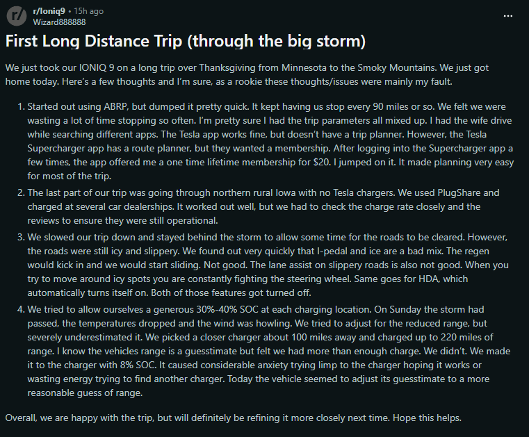 Screenshot of a Reddit post on r/Ioniq9 titled ‘First Long Distance Trip (through the big storm)’ where an IONIQ 9 owner shares a detailed review of a Thanksgiving road trip from Minnesota to the Smoky Mountains, discussing issues with charging apps, lack of Tesla chargers in rural Iowa, icy road handling challenges, regeneration settings, range estimation problems, and overall EV road-trip experience.