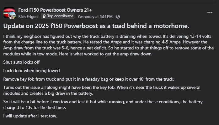 Screenshot of a Facebook post in the Ford F150 Powerboost Owners group discussing battery drain issues when towing a 2025 F-150 PowerBoost behind a motorhome.