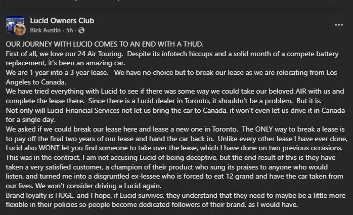Screenshot of a Facebook post in the Lucid Owners Club describing a customer’s difficulties transferring their Lucid Air lease while moving from Los Angeles to Canada.