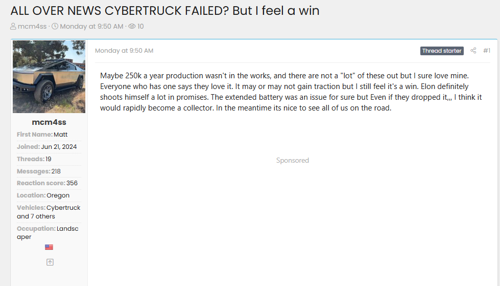 Screenshot of a Cybertruck owners forum post titled “All Over News Cybertruck Failed? But I Feel a Win,” featuring a user named mcm4ss discussing Cybertruck production, battery issues, and ownership experience, with a small Cybertruck photo and user profile sidebar.