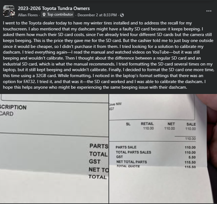 Screenshot of a Facebook post in the 2023–2026 Toyota Tunda Owners group. The user describes troubleshooting a dashcam that kept beeping and would not calibrate, trying multiple SD cards and formatting methods. They ultimately fixed the issue by formatting a 32GB SD card to FAT32, allowing successful calibration. Below the text are two images of a Toyota dealer receipt showing SD card pricing and totals.