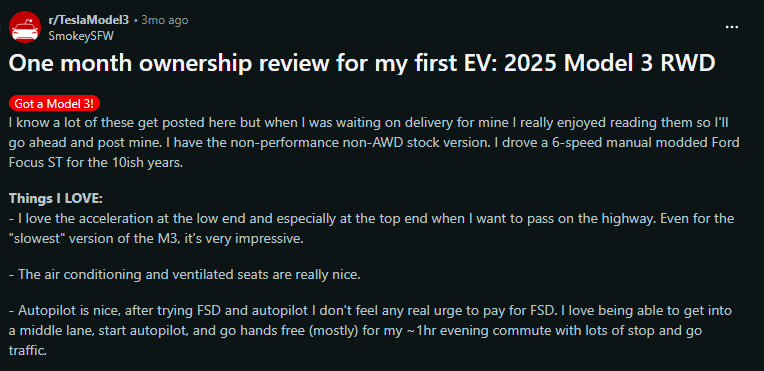 Screenshot of a Reddit post reviewing the 2025 Tesla Model 3 RWD after one month of ownership, listing positive impressions such as acceleration, ventilated seats, and Autopilot performance.
