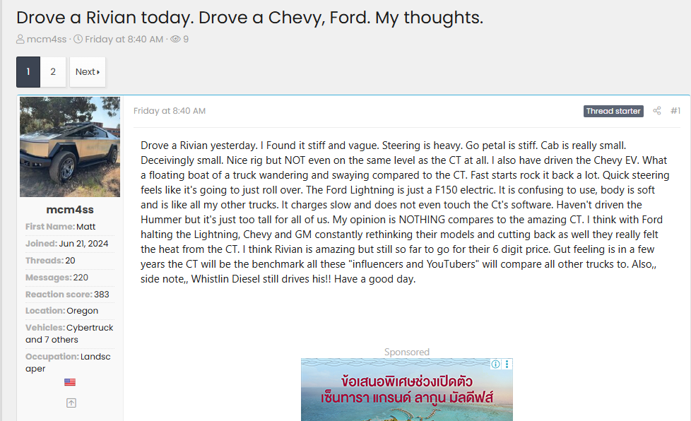 Forum post on a Cybertruck owners discussion board where a user reviews driving a Rivian, Chevy EV, and Ford Lightning, comparing them to the Tesla Cybertruck and sharing impressions on performance, handling, size, and software.
