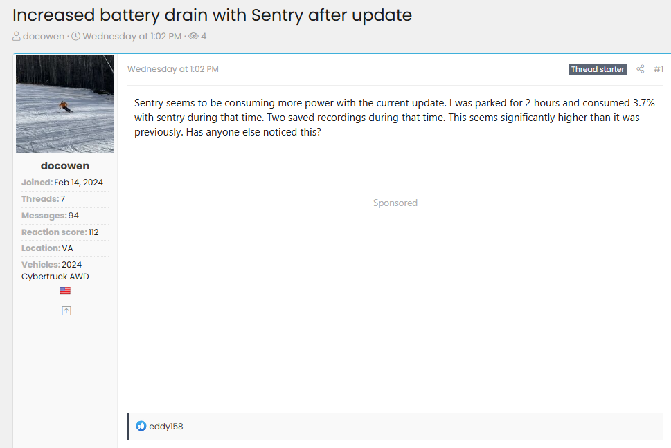 Forum post on a Cybertruck owners website discussing increased battery drain caused by Tesla Sentry Mode after a recent software update, reporting 3.7% loss over two hours and asking others if they’ve noticed similar behavior.