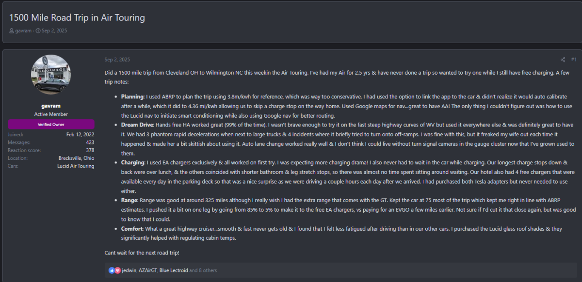 Screenshot of a Lucid Owners Forum post titled ‘1500 Mile Road Trip in Air Touring,’ where a user shares detailed trip notes about planning with ABRP, DreamDrive performance, Electrify America charging experience, range results, and comfort impressions during a 1500-mile journey from Cleveland, OH to Wilmington, NC.