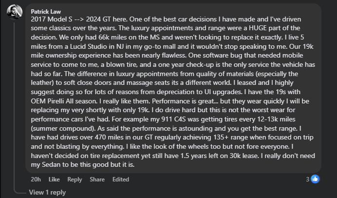 Screenshot of a Lucid Owners Club Facebook post where a 2024 Lucid Air Grand Touring owner compares their experience to a 2017 Tesla Model S. The post discusses luxury upgrades, long-range performance, low maintenance needs, 19K miles of ownership, software reliability, and the difference in ride quality, soft-close doors, massage seats, and Pirelli all-season tires. The user notes high highway range over 470 miles and mentions wear on performance tires and upcoming replacement plans.