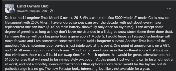 Screenshot of a Facebook post from a longtime 2013 Tesla Model S owner considering switching to a Lucid Air. The post details issues experienced over 250K miles, concerns about Tesla service quality, interest in leasing a Lucid Air Grand Touring, and worries about Lucid’s long-term company stability. It mentions the lack of OEM all-season options for 20-inch and 21-inch rims, additional tire costs, comparisons to Porsche Taycan range limitations, and mention of the upcoming Polestar model.