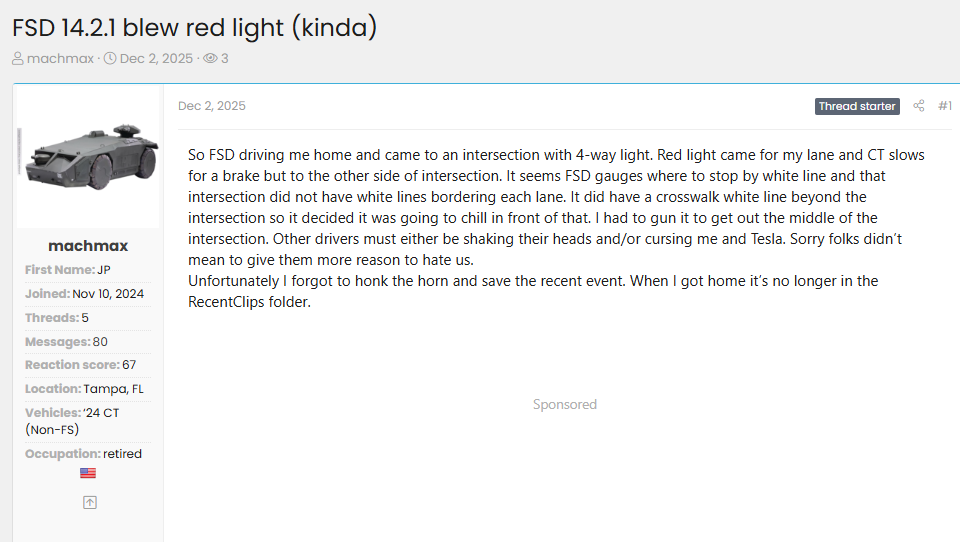 Screenshot of a Tesla Cybertruck forum post titled “FSD 14.2.1 blew red light (kinda),” where a user describes Full Self-Driving stopping incorrectly at a four-way intersection due to missing lane markings.