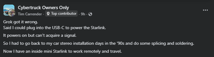 Screenshot of a text-only social media post discussing a Cybertruck owner attempting to power a Starlink device using a USB-C port, mentioning that the device powered on but could not acquire a signal, and explaining that they built a mini indoor Starlink setup after additional wiring.