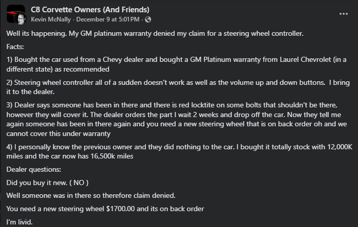 Screenshot of a Facebook post in the C8 Corvette Owners group discussing a denied GM warranty claim for a steering wheel controller.