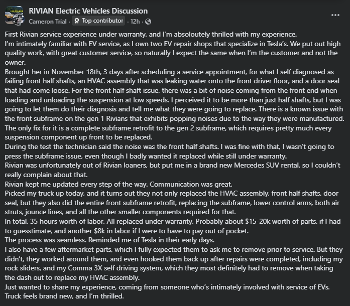 Screenshot of a Facebook post in the Rivian Electric Vehicles Discussion group describing a positive Rivian service experience involving subframe and HVAC repairs.