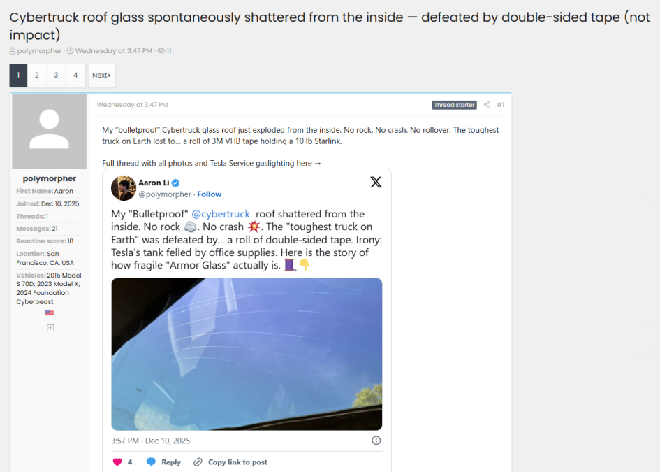 Automotive forum thread discussing Tesla Cybertruck roof glass shattering from the inside, featuring embedded social media post and photo of cracked glass roof