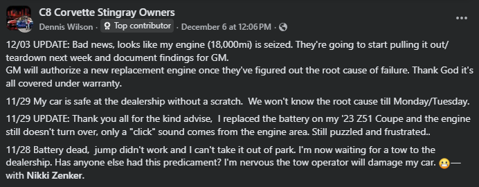 Facebook post in C8 Corvette Stingray Owners group discussing engine failure and warranty repair on a Chevrolet Corvette C8 Z51, including dealership updates and troubleshooting timeline.