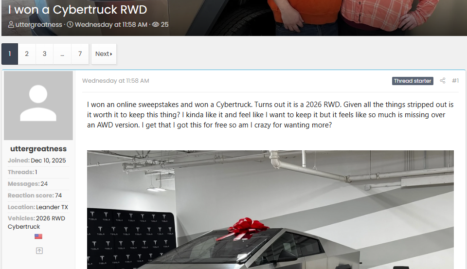 Forum post titled ‘I won a Cybertruck RWD’ showing a user describing winning a 2026 Tesla Cybertruck rear-wheel drive in an online sweepstakes and asking whether to keep it or upgrade from RWD to AWD.