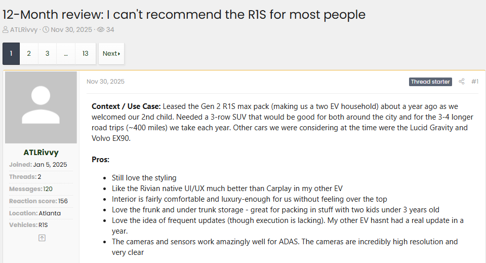 Screenshot of a Rivian owners forum post titled ‘12-Month review: I can’t recommend the R1S for most people,’ detailing a real-world Rivian R1S Gen 2 ownership experience, pros and cons, family use case, UI/UX impressions, ADAS performance, and long-term EV SUV feedback.