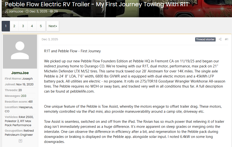 Screenshot of a Rivian R1T forum thread describing a first towing journey with a Pebble Flow electric RV trailer, including real-world towing range, Tow Assist motor performance, regenerative braking, battery specs, and EV truck road trip impressions.