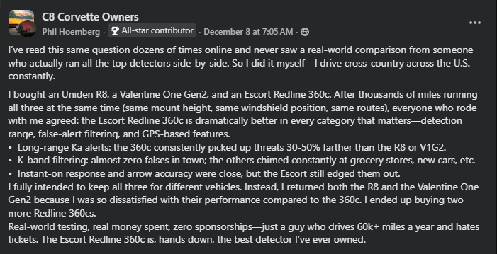 “Screenshot of a detailed Facebook post comparing radar detectors, concluding the Escort Redline 360c outperforms Uniden R8 and Valentine One Gen2 in long-range K-band detection, false alert filtering, GPS features, and real-world highway driving tests.