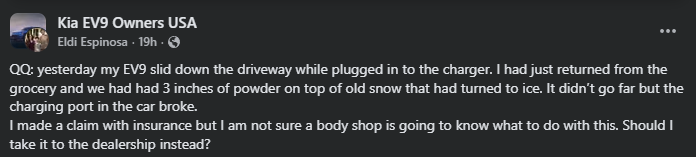 Screenshot of a Facebook post in the Kia EV9 Owners USA group describing a Kia EV9 sliding down an icy driveway while plugged into a charger, resulting in a broken charging port, with the owner asking whether to use insurance, a body shop, or a dealership.