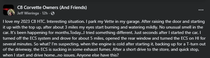 Screenshot of a Facebook post in the C8 Corvette Owners (And Friends) group discussing a 2023 Corvette C8 HTC experiencing mild exhaust smell and eye irritation after cold starts, with the owner suspecting exhaust fumes entering the cabin through the ECS system.