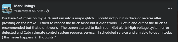 Screenshot of a Facebook post describing a serious early ownership issue with a 2026 Tesla Cybertruck, where the vehicle would not shift into drive or reverse and displayed warnings for a high voltage system error and cabin climate control service required.