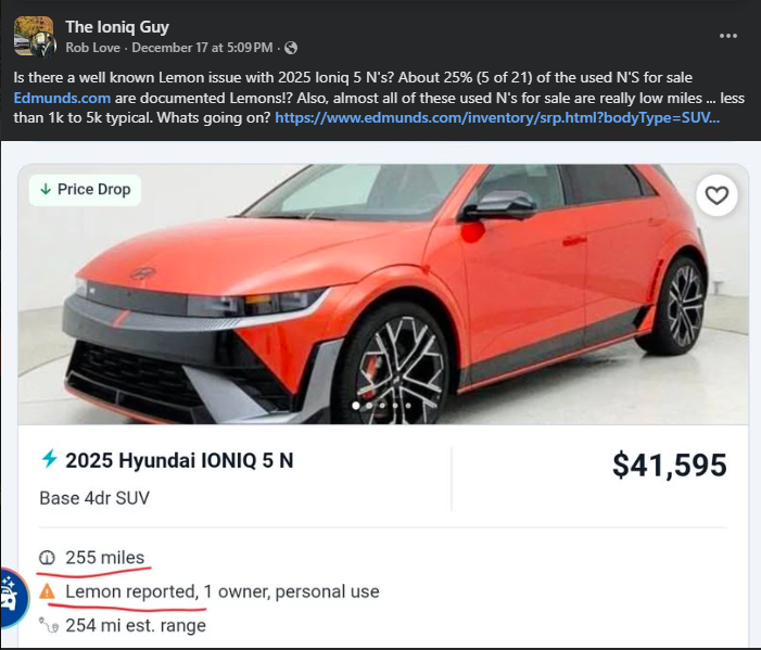 Screenshot of a Facebook post discussing a high number of lemon buyback reports for 2025 Hyundai Ioniq 5 N models, showing an Edmunds listing with 255 miles and a lemon title warning.