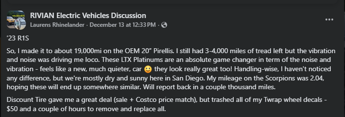Screenshot of a Rivian electric vehicle discussion post reviewing tire wear and road noise on a 2023 Rivian R1S, comparing OEM Pirelli tires to Michelin Defender LTX Platinum tires.
