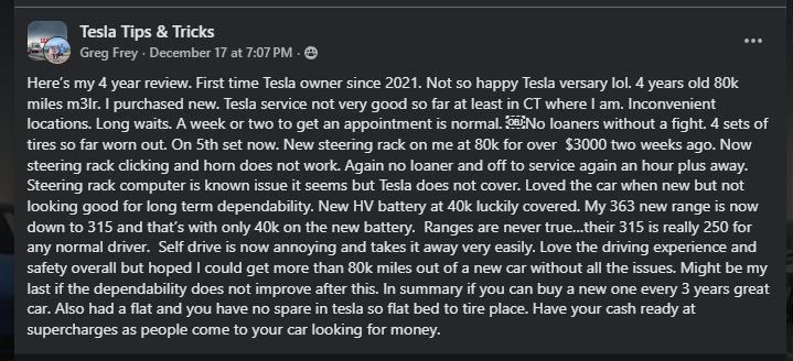 Screenshot of a Tesla Tips &amp; Tricks Facebook post detailing a four-year Tesla ownership review, covering service issues, battery degradation, steering rack failure, and long-term reliability concerns.