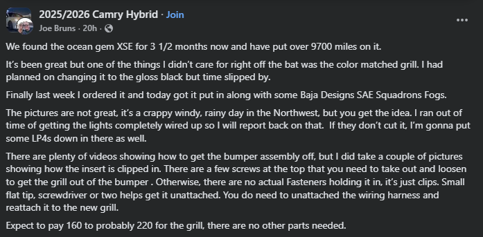 Facebook post in a 2025/2026 Toyota Camry Hybrid group describing ownership experience with an Ocean Gem Camry XSE, including over 9,700 miles driven, installation of a color-matched grille, Baja Designs SAE Squadron fog lights, and tips on removing the bumper grille insert.