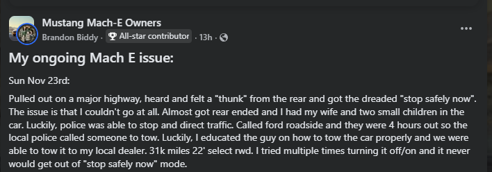 Screenshot of a Facebook post in a Mustang Mach-E Owners group detailing a serious driving issue where the vehicle entered ‘Stop Safely Now’ mode on a highway, requiring police assistance and towing to a dealership.