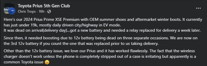 Facebook post from a Toyota Prius 5th Gen Club showing a 2024 Prius Prime XSE Premium with OEM summer wheels and winter tires, discussing 12-volt battery failures, dealership repairs, EV driving use, and wireless charging issues.