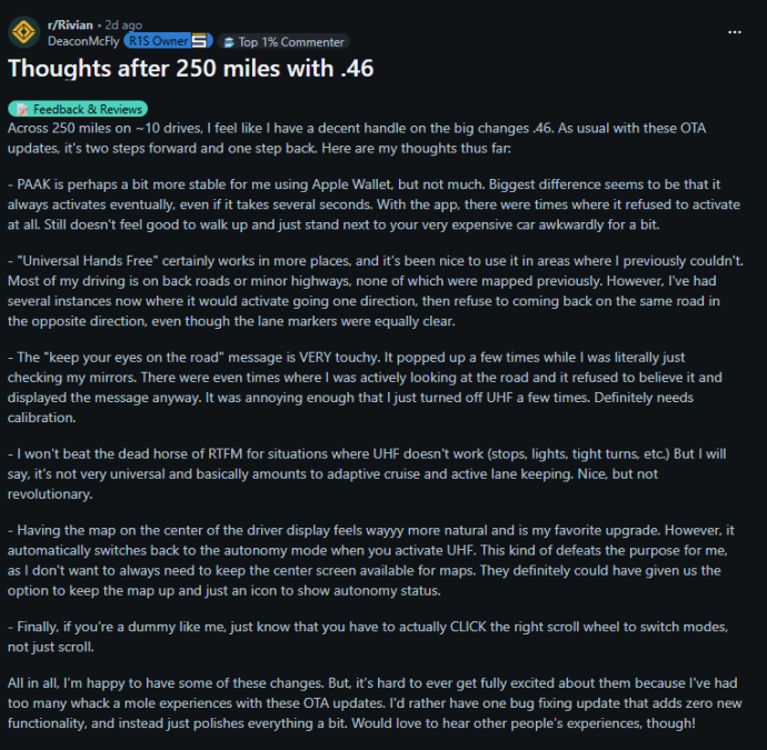 Screenshot of a Reddit post in the r/Rivian subreddit titled “Thoughts after 250 miles with .46,” where an R1S owner reviews Rivian software update 2025.46, sharing feedback on Driver+, Universal Hands Free driving, Apple Wallet PAAK stability, lane detection issues, and usability changes after an OTA update.