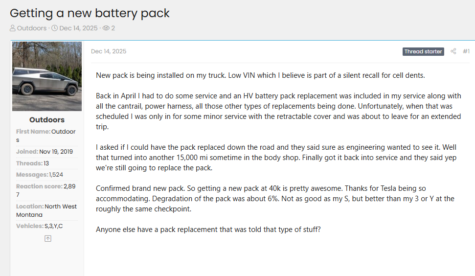 Tesla owner forum post discussing high-voltage battery pack replacement at 40,000 miles due to low VIN recall issue.