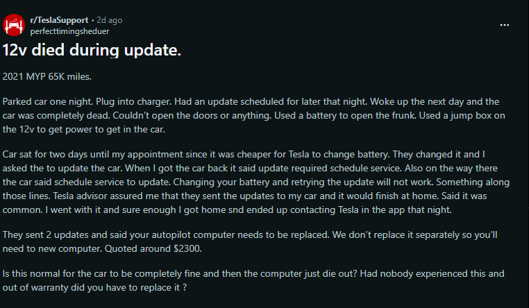 Reddit Tesla Support post describing 12-volt battery failure during software update on a 2021 Tesla Model Y.