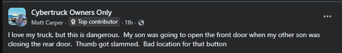 Screenshot of a Cybertruck owners group post discussing safety concerns related to door controls and hand injury risk.