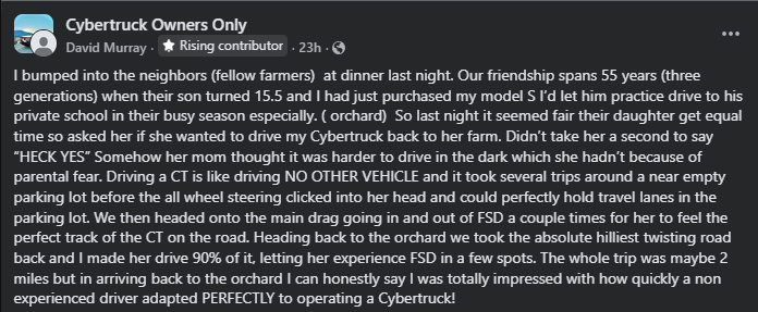 Screenshot of a Cybertruck owners group post describing first-time driving impressions and learning curve of the Tesla Cybertruck.