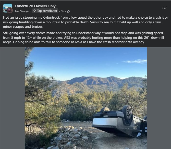 Screenshot of social media post showing a Tesla Cybertruck flipped upside down on a mountain trail after an off-road incident