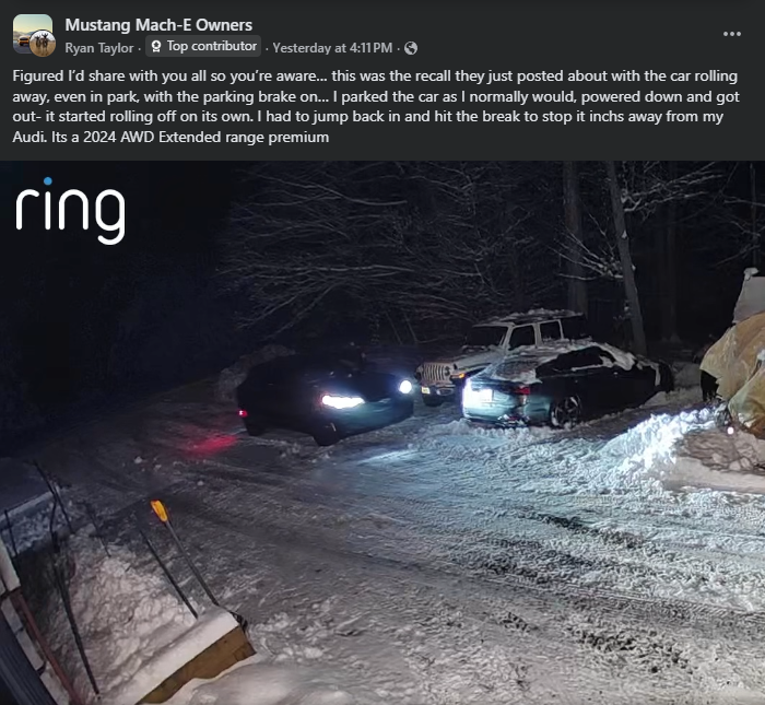 “Ring camera night footage showing a Ford Mustang Mach-E rolling on a snowy driveway after being parked, highlighting a reported parking brake recall issue.”