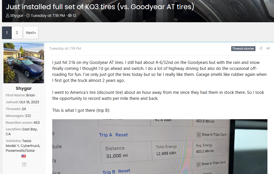 Forum post discussing BFGoodrich KO3 tires versus Goodyear all-terrain tires, including mileage, efficiency, and real-world driving impressions.