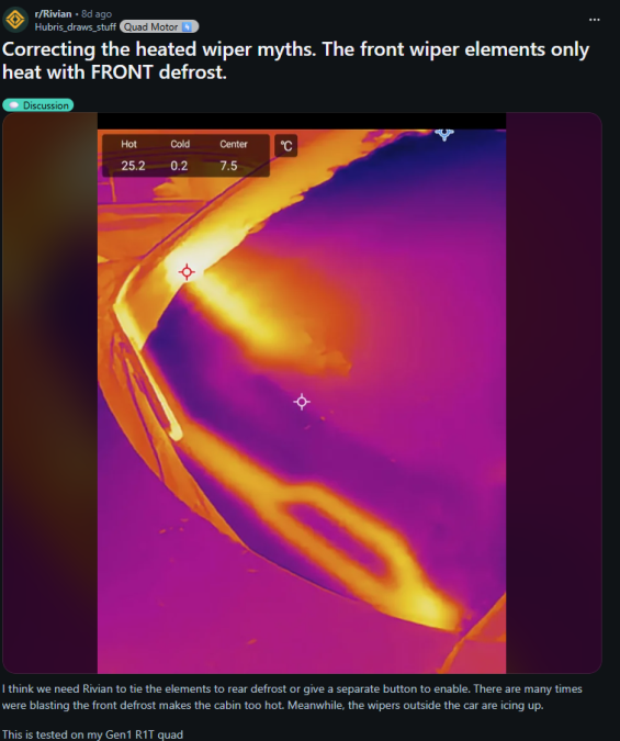 Screenshot from a Reddit discussion displaying a thermal camera view of a Rivian R1T windshield, highlighting heated wiper zones that activate only when front defrost is turned on.