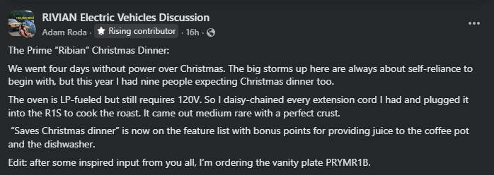 Screenshot of a Facebook post in a Rivian electric vehicle group describing using a Rivian R1S to power appliances and cook during a Christmas power outage.