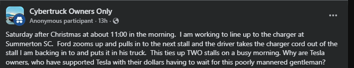 Screenshot of a Facebook post in a Cybertruck owners group discussing a charging etiquette dispute at a Supercharger, mentioning a Ford pickup blocking access while a Tesla waits.