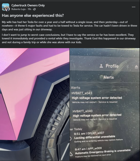 Tesla Cybertruck dashboard alert screen showing high voltage system errors and multiple vehicle warning messages.