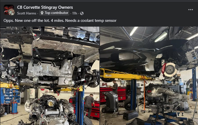 Car on hydraulic lift with engine removed during repair at an automotive service shop, showing exposed suspension and drivetrain components.
