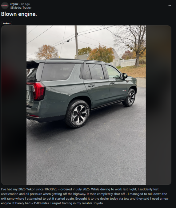 Reddit post showing a green GMC Yukon parked on a residential street, titled “Blown engine,” describing sudden engine failure and loss of oil pressure.