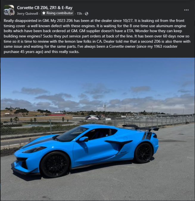 Facebook post discussing reliability issues with a blue Chevrolet Corvette Z06, shown parked near a racetrack with text describing oil leak and dealer delays.