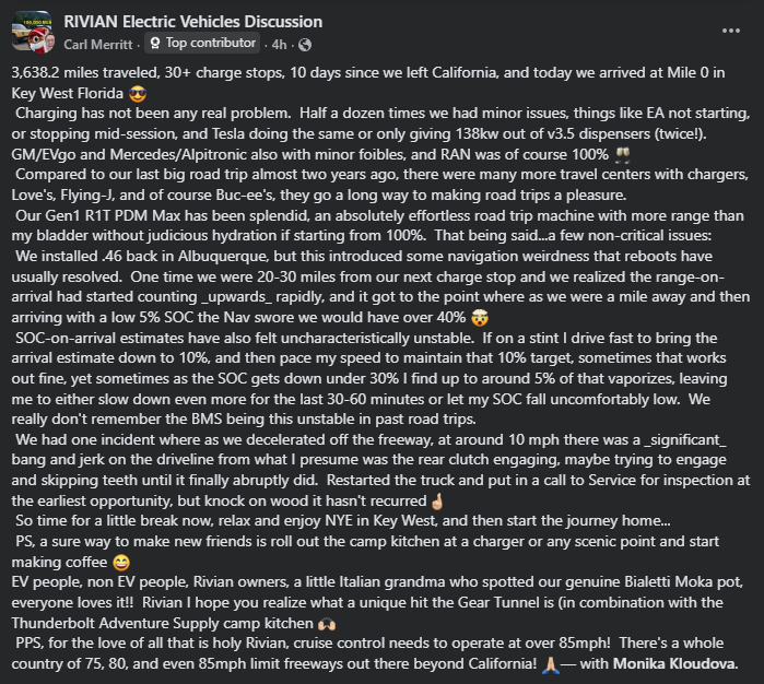 Facebook group post about a Rivian R1T road trip showing charging experiences, navigation screenshots, and discussion of battery performance.