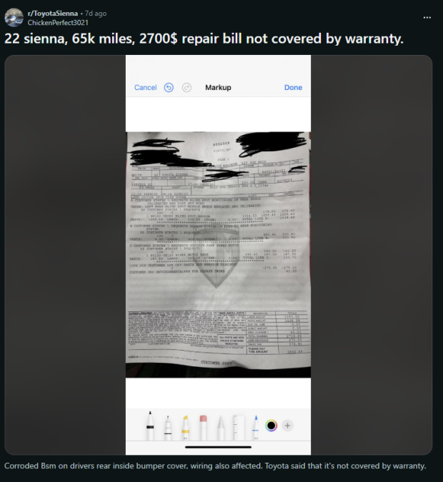 Screenshot of Reddit post showing a 2022 Toyota Sienna with 65,000 miles and a $2,700 repair bill not covered under warranty, detailing corroded rear bumper module wiring and dealership invoice
